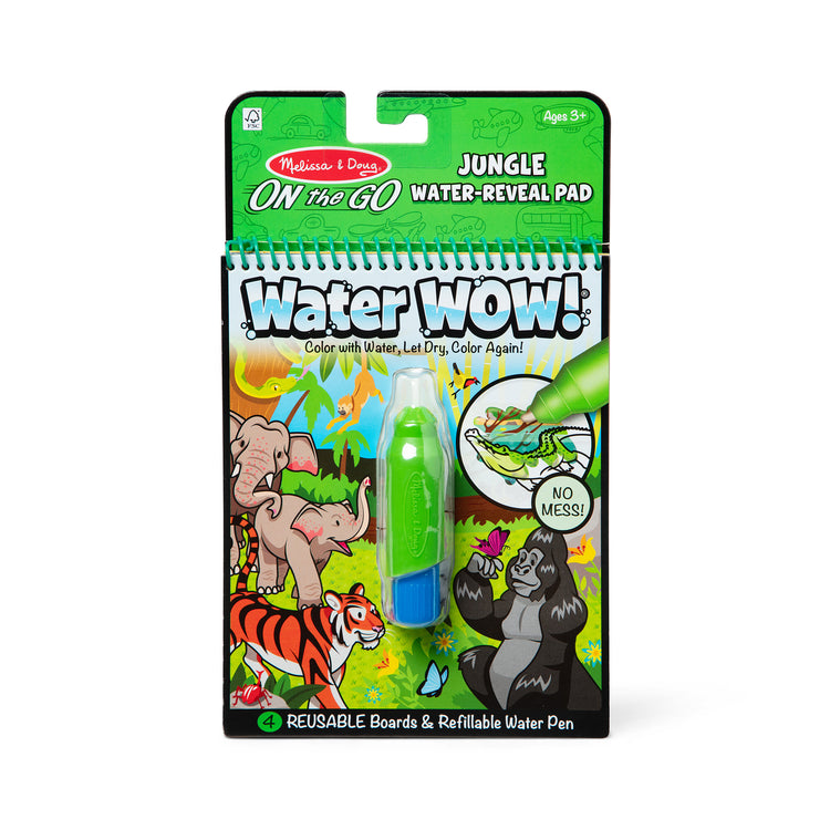 The front of the box for The Melissa & Doug On the Go Water Wow! Reusable Water-Reveal Coloring Activity Pad Travel Toy for Boys and Girls– Jungle