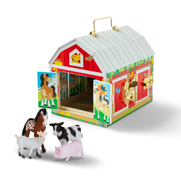 The Melissa & Doug Latches Wooden Activity Barn with 5 Doors, 4 Play Figure Farm Animals