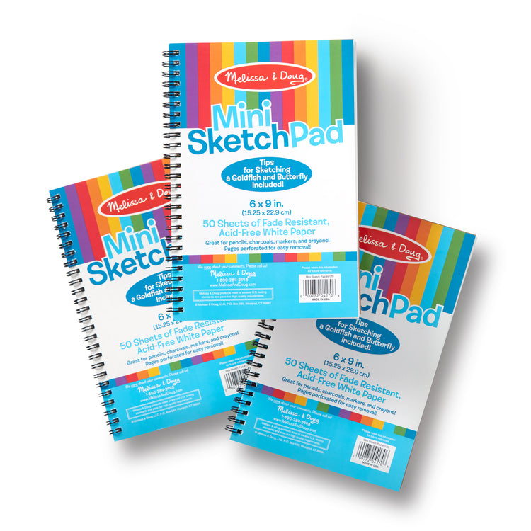 The front of the box for The Melissa & Doug Mini Sketch Pad of Paper (6 x 9 inches) - 50 Sheets, 3-Pack