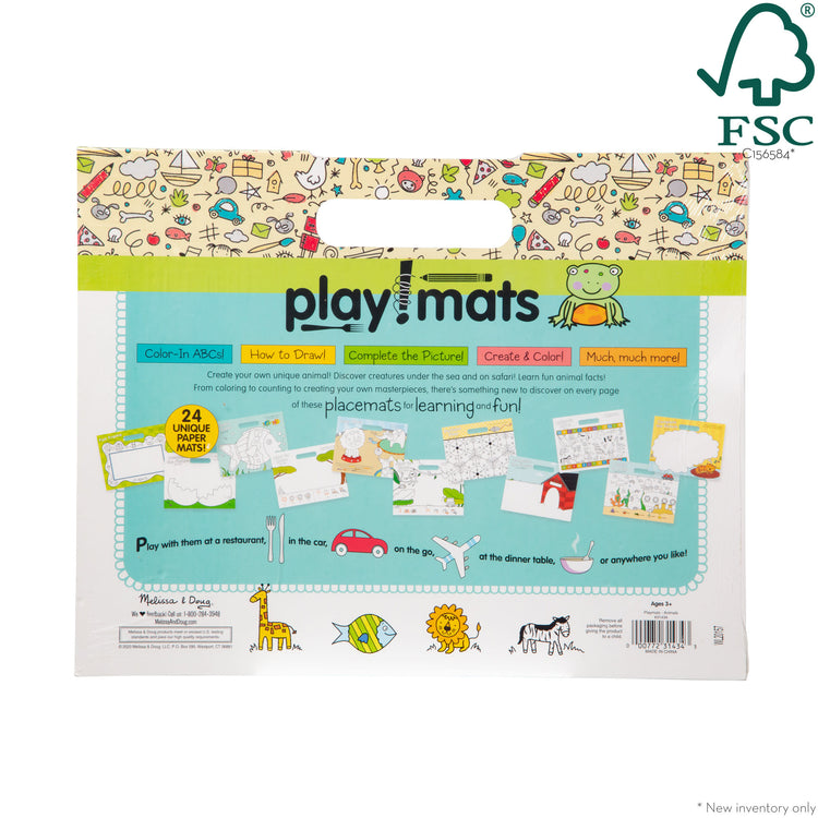The front of the box for The Melissa & Doug Playmats Animals Take-Along Paper Coloring And Learning Activity Pads (24 Pages)