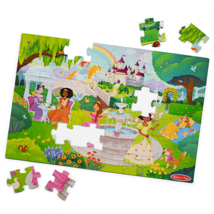 The loose pieces of The Melissa & Doug Fairy Tale Castle, Storybook Princess Themed Jumbo Floor Puzzle, 48-Piece Jigsaw Puzzle, 3 x 2 Foot Toddler Puzzles for Kids Ages 3+
