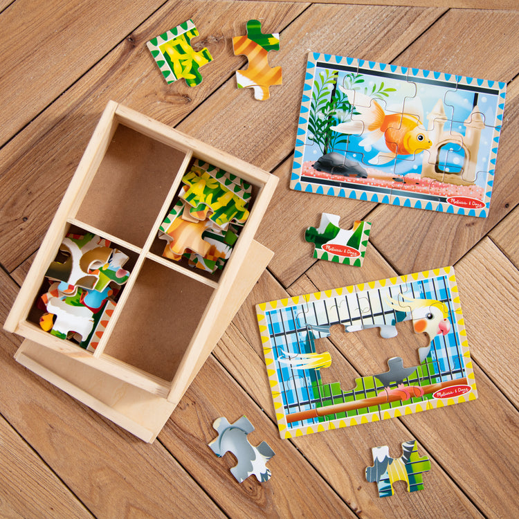 A playroom scene with The Melissa & Doug Pets 4-in-1 Wooden Jigsaw Puzzles in a Storage Box (48 pcs)