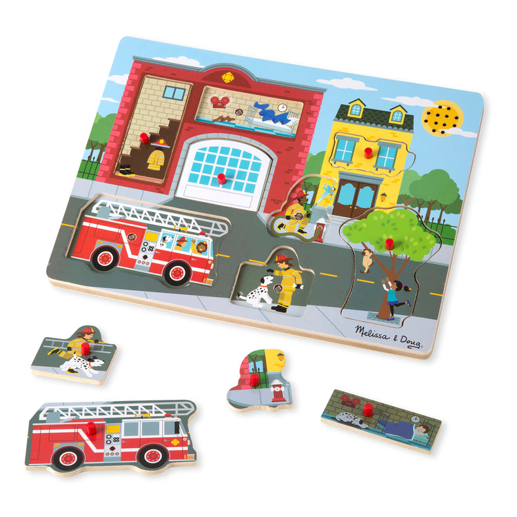The loose pieces of The Melissa & Doug Around the Fire Station Sound Puzzle - Wooden Peg Puzzle (8 pcs)
