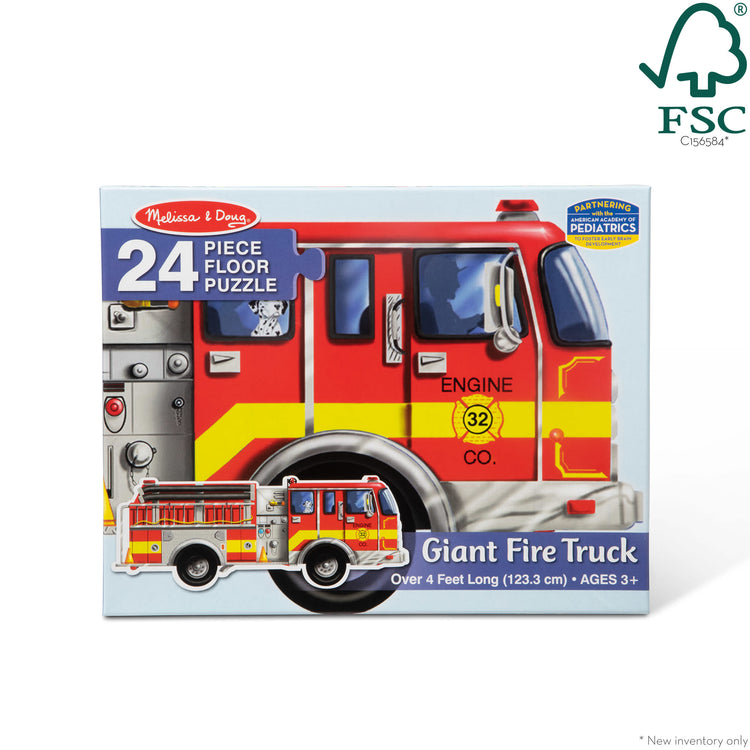 The front of the box for The Melissa & Doug Fire Truck Jumbo Jigsaw Floor Puzzle (24 pcs, 4 feet long)