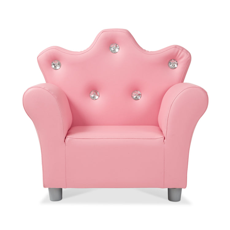 An assembled or decorated image of The Melissa & Doug Pink Faux Leather Child’s Crown-Back Armchair (Kid’s Furniture)