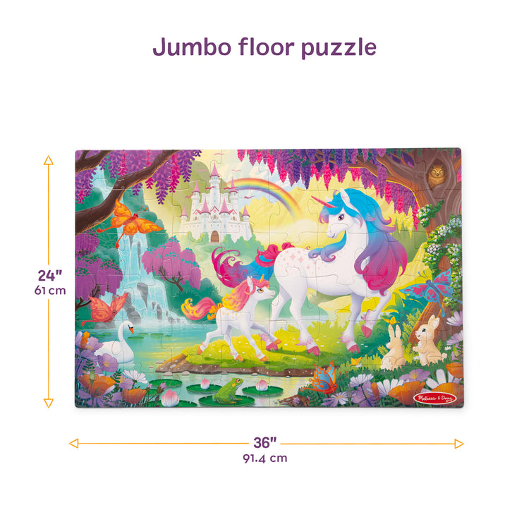 The front of the box for The Melissa & Doug Glow-in-the-Dark Unicorn Jumbo Floor Puzzle, 48-Piece Jigsaw Puzzle with Hidden Details, Kids Puzzles for Girls & Boys Ages 4 and Up