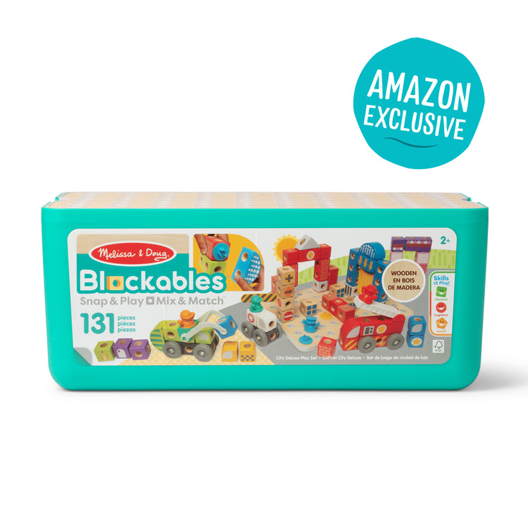 The front of the box for The Melissa & Doug Blockables™ Deluxe City Snap And Play Amazon Exclusive, Mix and Match Connectable Wooden Building Blocks Play Set With Storage Bin and Play Lid (122 Pcs)