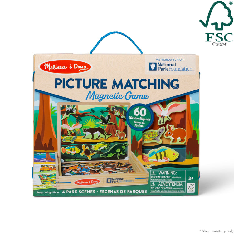 The front of the box for The Melissa & Doug National Parks Wooden Picture Matching Magnetic Game