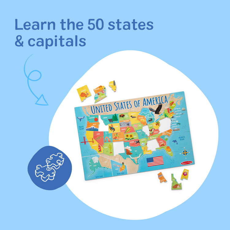 A playroom scene with The Melissa & Doug USA Map Jumbo Floor Puzzle, 51-Piece Jigsaw Puzzle of The United States, with State Capitals, Over 3 Ft Long, Kids Puzzles for Girls & Boys Ages 6+