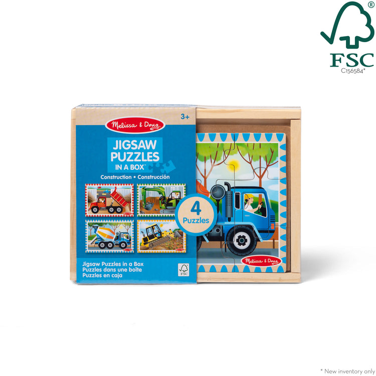 The front of the box for The Melissa & Doug Construction Vehicles 4-in-1 Wooden Jigsaw Puzzles in a Box (48 pcs)