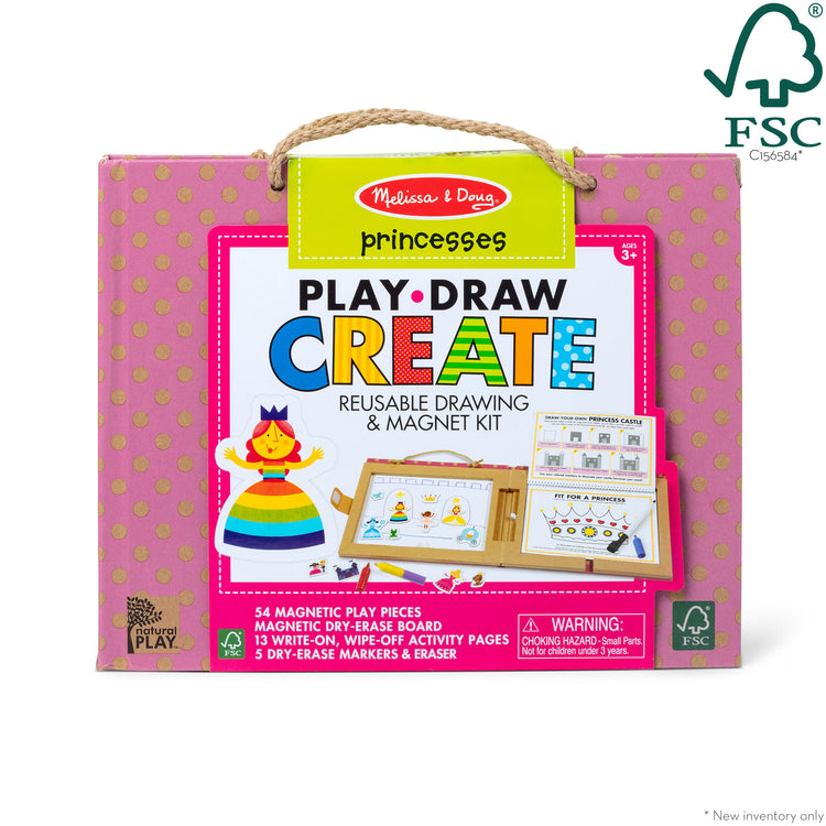The front of the box for The Melissa & Doug Natural Play: Play, Draw, Create Reusable Drawing & Magnet Kit – Princesses (54 Magnets, 5 Dry-Erase Markers)