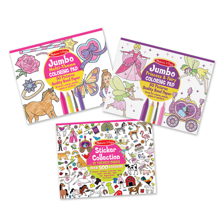 The front of the box for The Melissa & Doug Sticker Collection and Coloring Pads Set: Princesses, Fairies, Animals, and More