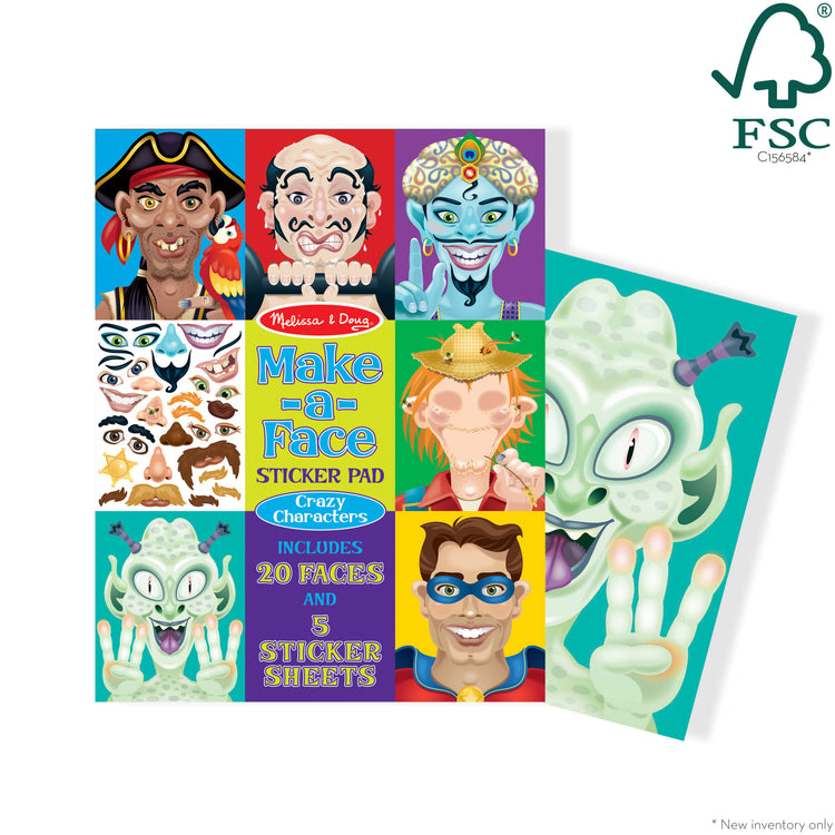 The front of the box for The Melissa & Doug Make-a-Face Sticker Pad - Crazy Characters, 20 Faces, 5 Sticker Sheets