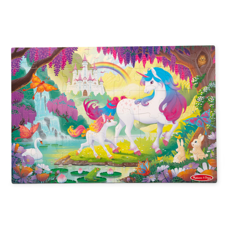 The loose pieces of The Melissa & Doug Glow-in-the-Dark Unicorn Jumbo Floor Puzzle, 48-Piece Jigsaw Puzzle with Hidden Details, Kids Puzzles for Girls & Boys Ages 4 and Up