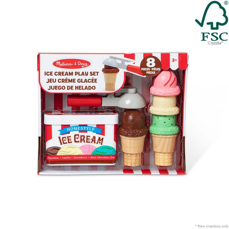 The front of the box for The Melissa & Doug Scoop and Stack Ice Cream Cone Magnetic Pretend Play Set, Multicolor