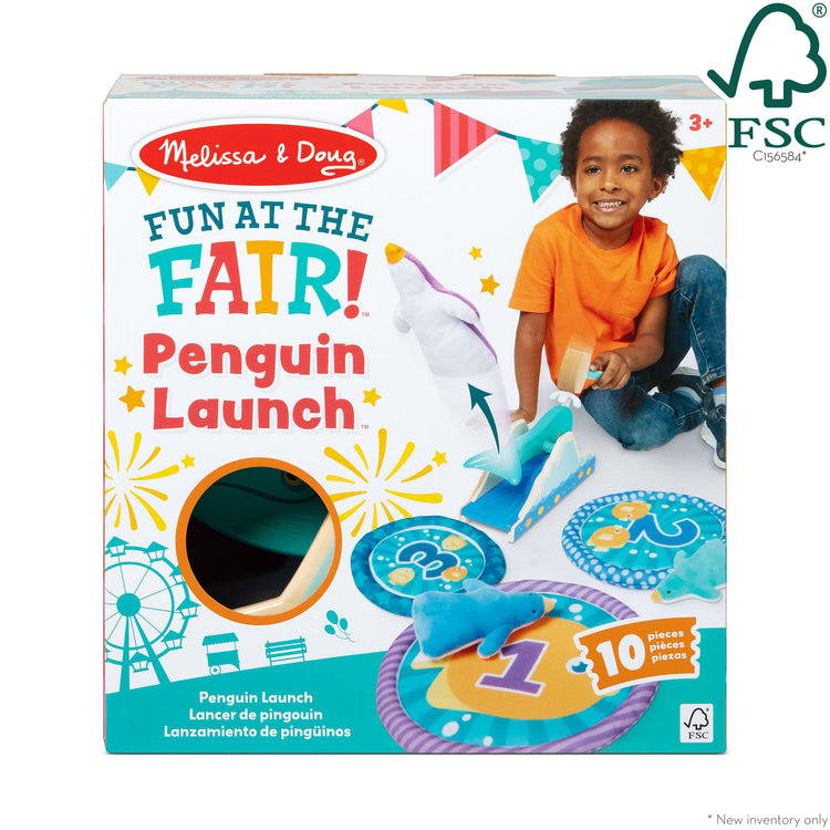 The front of the box for The Melissa & Doug Fun at the Fair! Penguin Launch Game