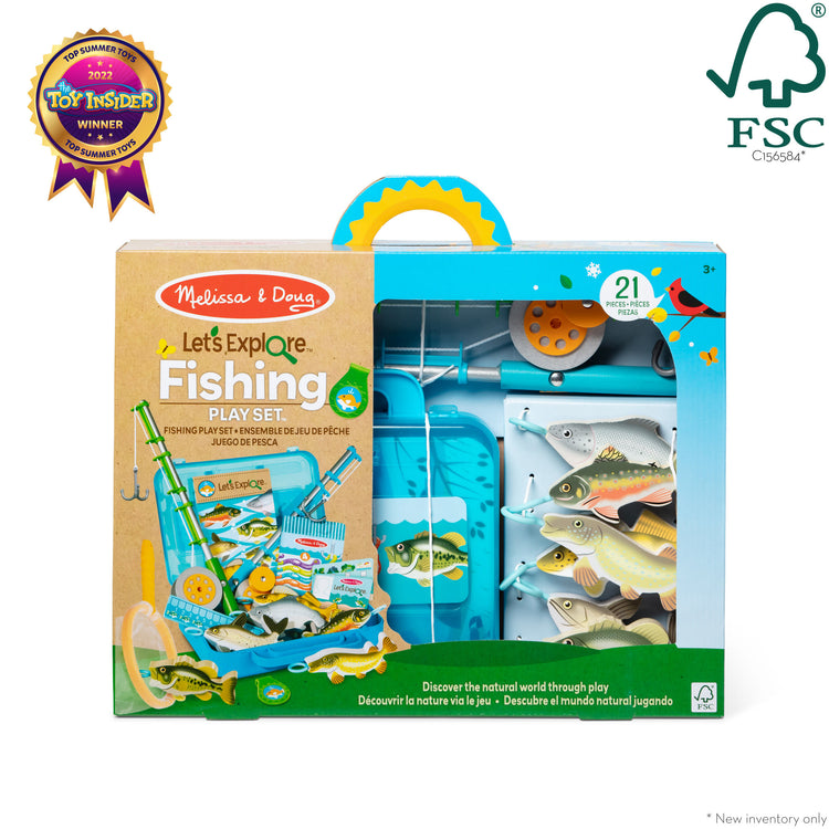 The front of the box for The Melissa & Doug Let’s Explore Fishing Play Set – 21 Pieces