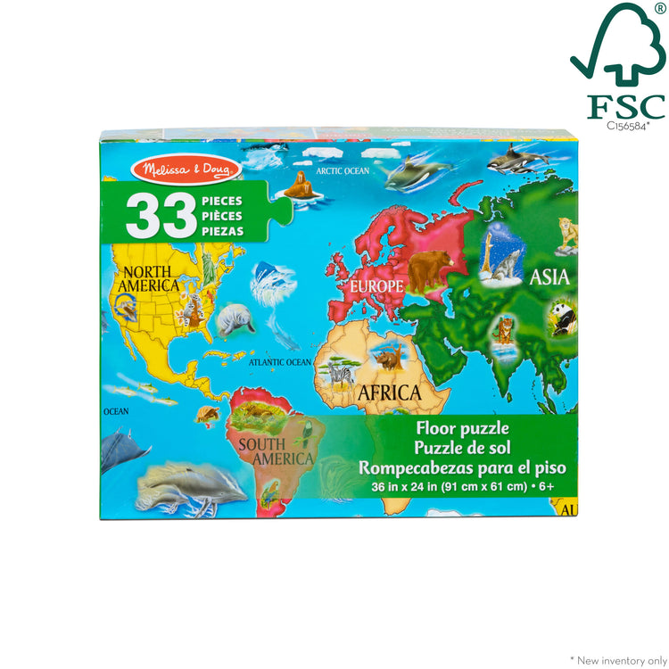 The front of the box for The Melissa & Doug World Map Jumbo Jigsaw Floor Puzzle (33 pcs, 2 x 3 feet)