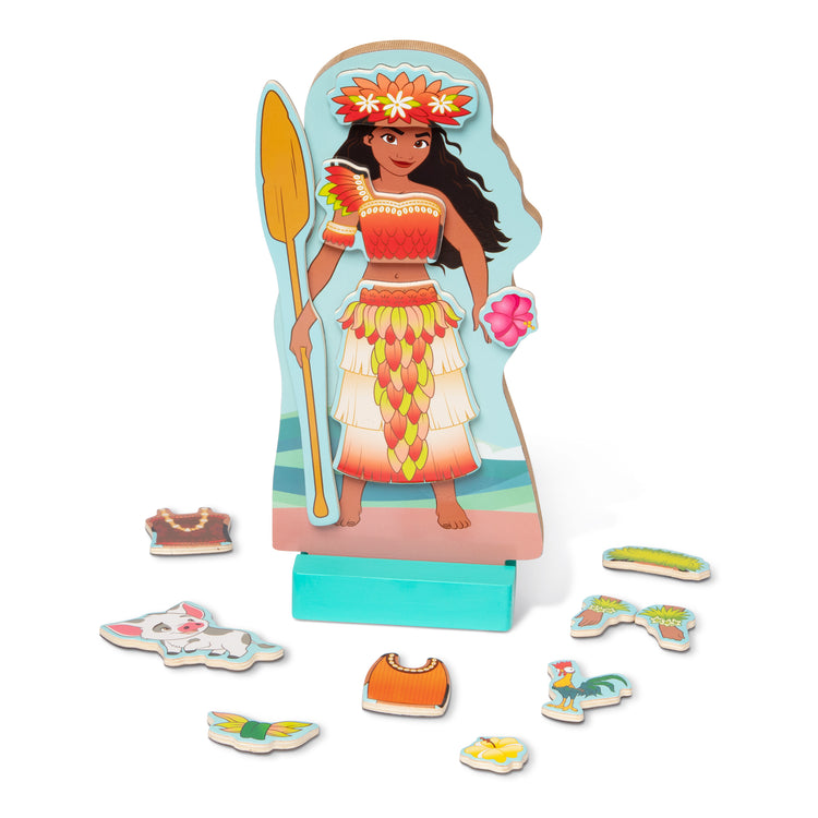 The loose pieces of The Melissa & Doug Disney Princess Moana Magnetic Dress-Up Wooden Doll Pretend Play Set (30+ pcs)
