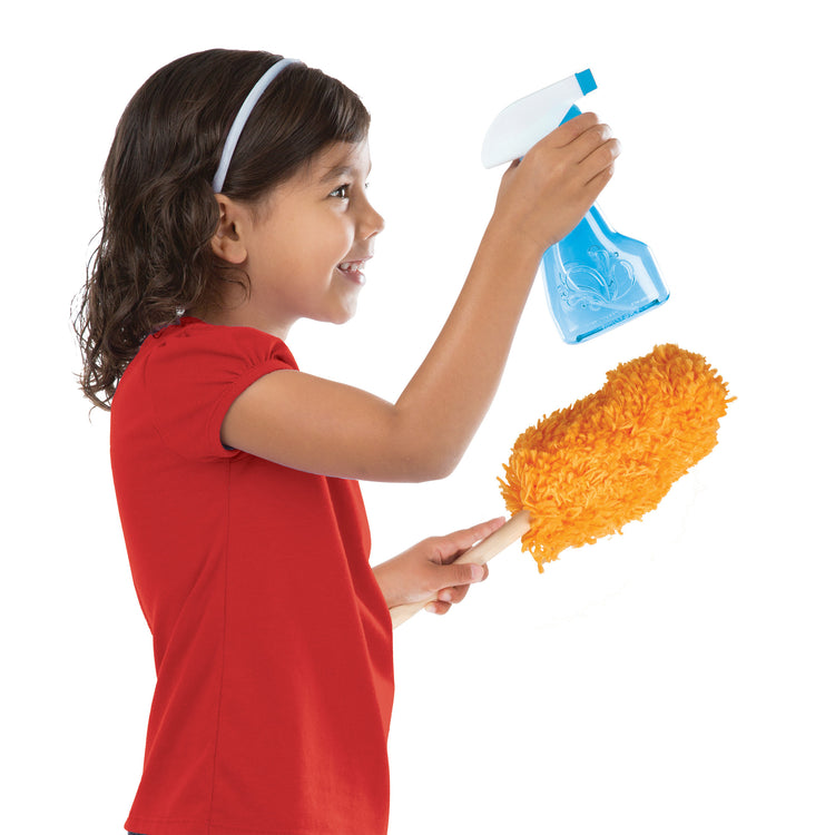 A kid playing with The Deluxe Cleaning & Laundry Play Set