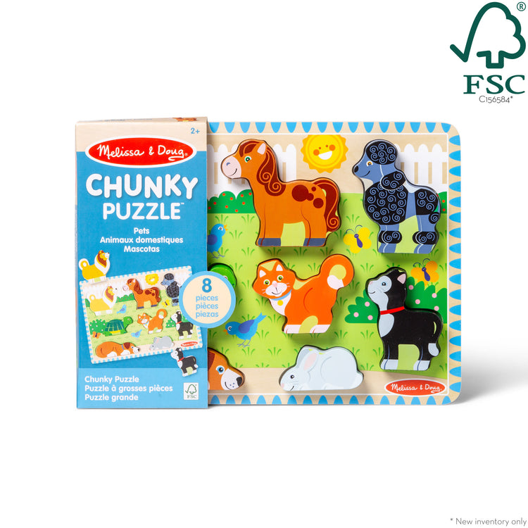 The front of the box for The Melissa & Doug Pets Wooden Chunky Puzzle (8 pcs)