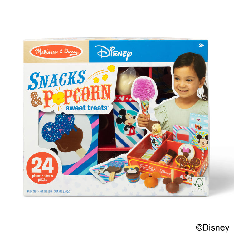The front of the box for The Melissa & Doug Disney Snacks & Popcorn Wooden Play Food Set – 24 Pieces | Mickey Mouse, Minnie, Wooden Toy for Boys and for Girls 3+