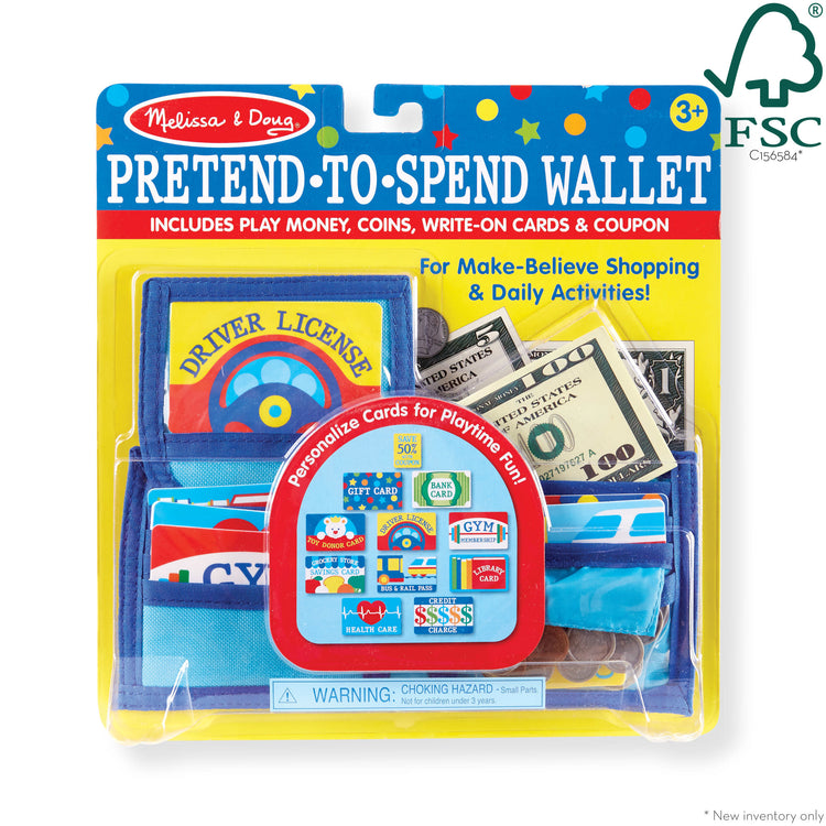The front of the box for The Melissa & Doug Pretend-to-Spend Toy Wallet With Play Money and Cards (45 pcs), Blue