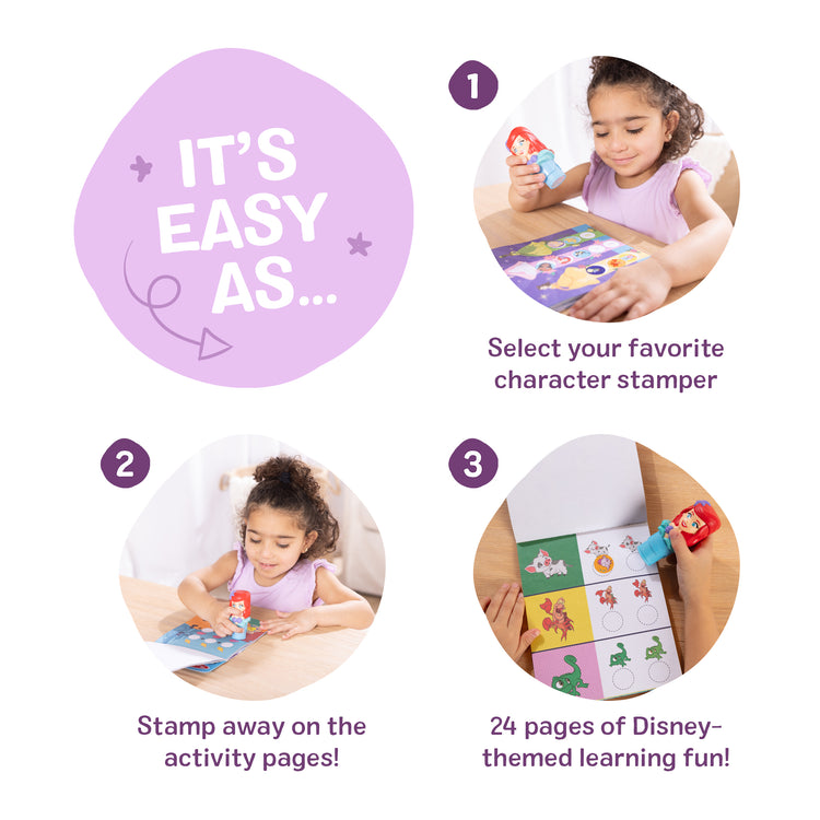 The loose pieces of The Melissa & Doug Sticker Wow!™ 24-Page Activity Pad and Sticker Stamper, 300 Stickers, Arts and Crafts Fidget Toy Collectible Character – Disney Princess Ariel - for Kids Ages 3+