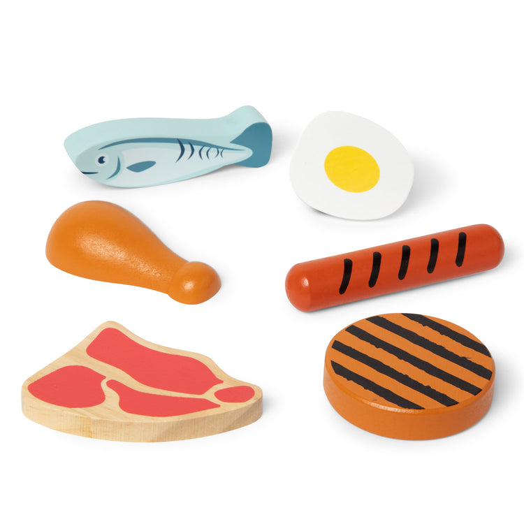 The loose pieces of The Melissa & Doug Wooden Food Groups Play Food Set – Protein