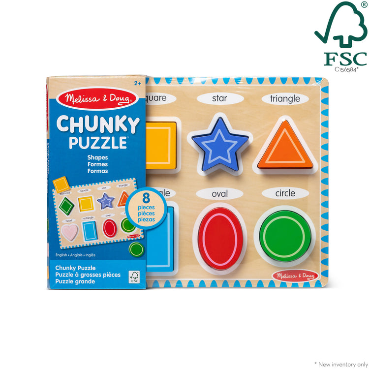 The front of the box for The Melissa & Doug Shapes Wooden Chunky Puzzle (8 pcs)