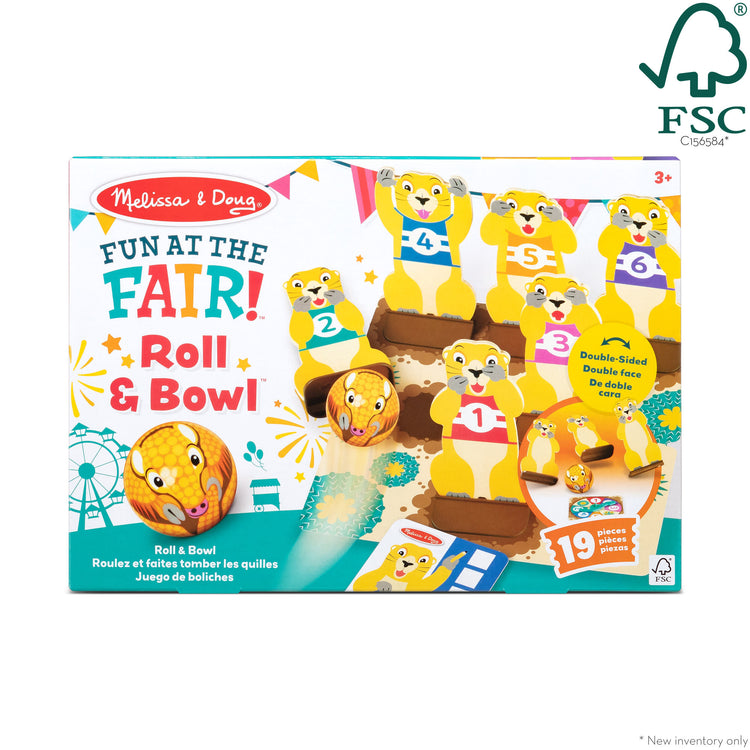 The front of the box for The Melissa & Doug Fun at the Fair! Wooden Armadillo Roll & Bowl Prairie Dog Bowling Game