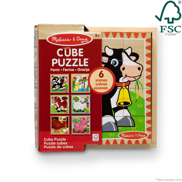 The front of the box for The Melissa & Doug Farm Wooden Cube Puzzle With Storage Tray - 6 Puzzles in 1 (16 pcs)
