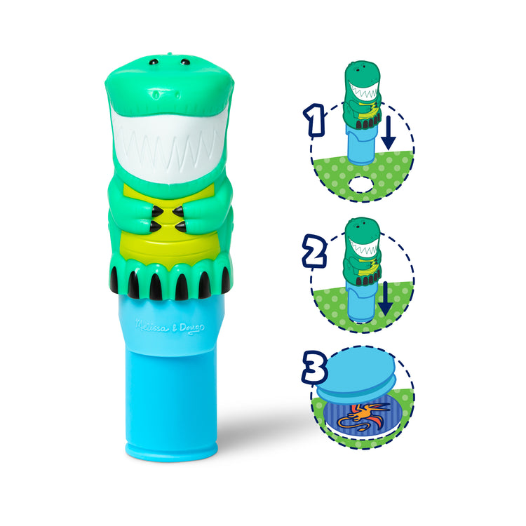 A kid playing with The Melissa & Doug Sticker WOW!™ 24-Page Activity Pad and Sticker Stamper, 300 Stickers, Arts and Crafts Fidget Toy Collectible Character – Dinosaur