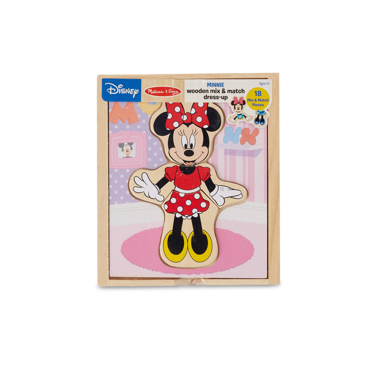 The front of the box for The Melissa & Doug Disney Minnie Mouse Mix and Match Dress-Up Wooden Play Set Puzzle (18 pcs)