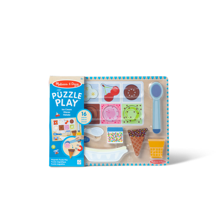 The front of the box for The Melissa & Doug Ice Cream Wooden Magnetic Puzzle Play Set, 16 Magnet Pieces with Scooper, Wooden Play Food Toy for Boys and for Girls Ages 2+