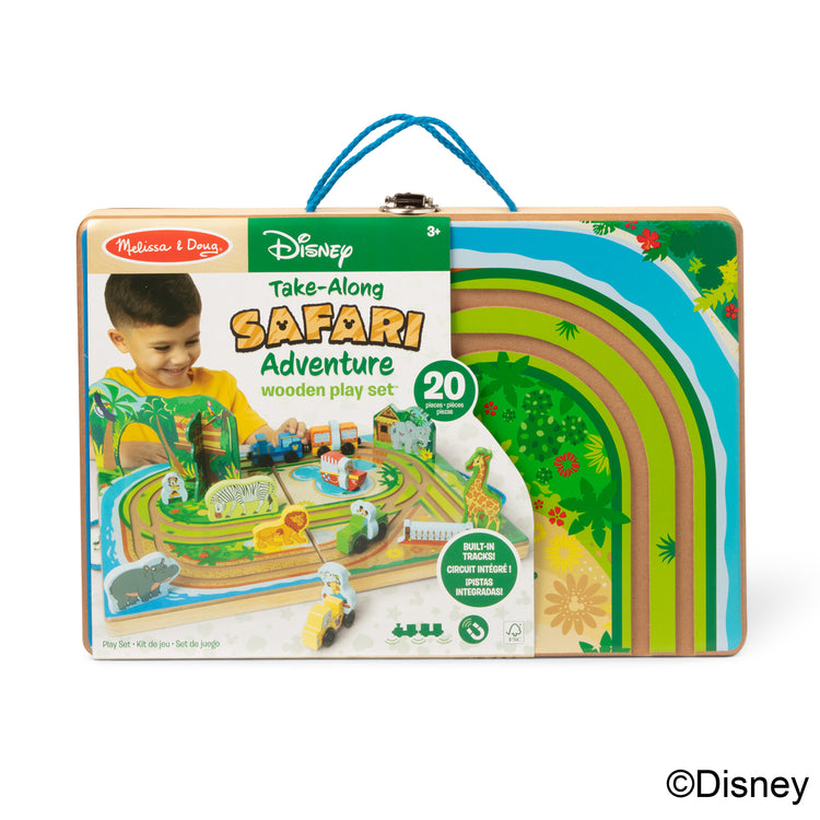 The front of the box for The Melissa & Doug Disney Take-Along Safari Adventure Wooden Play Set with Built-In Tracks – 20 Pieces | Mickey Mouse, Minnie, Wooden Toy for Boys and for Girls 3+