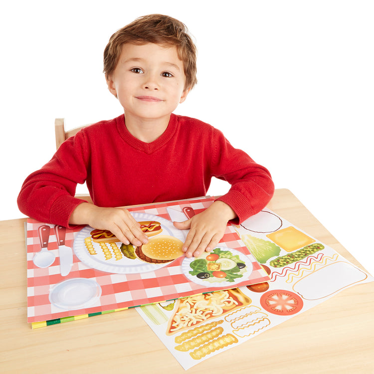 A child on white background with The Melissa & Doug Sticker Pad - Make-a-Meal, 225+ Food Stickers