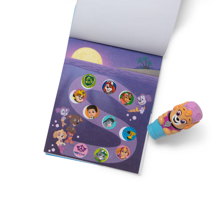 The loose pieces of The Melissa & Doug Sticker WOW!™ PAW Patrol Skye Bundle: 24-Page Activity Pad, Sticker Stamper, 500 Stickers, Mini Pad, Arts and Crafts Fidget Toy Collectible Character