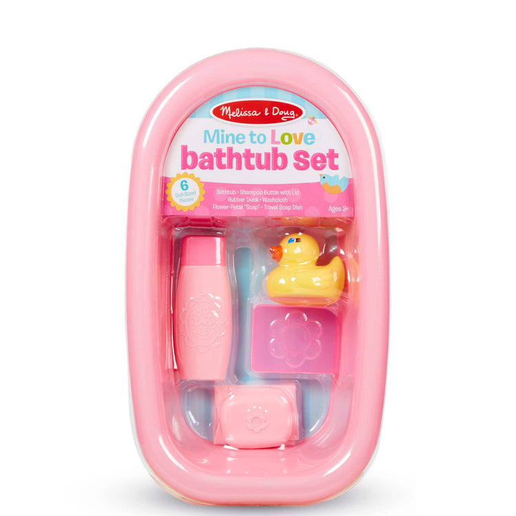 The front of the box for The Melissa & Doug Mine to Love Baby Doll Bathtub and Accessories Play Set (6 pcs)
