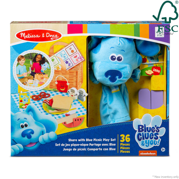 The front of the box for The Melissa & Doug Blue’s Clues & You! Share with Blue Picnic Play Set with Hand Puppet