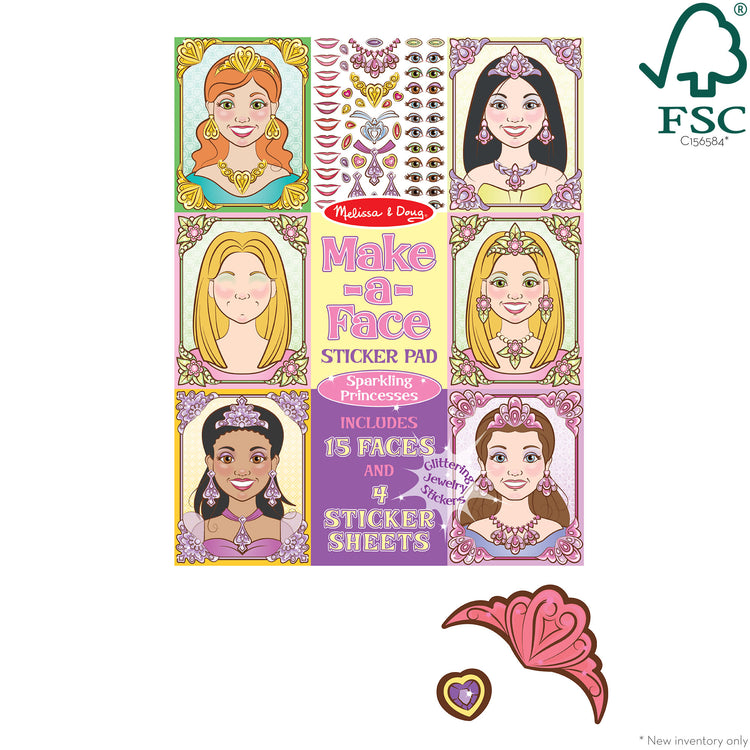 The loose pieces of The Melissa & Doug Make-a-Face Sticker Pad: Sparkling Princesses - 15 Faces, 4 Sticker Sheets