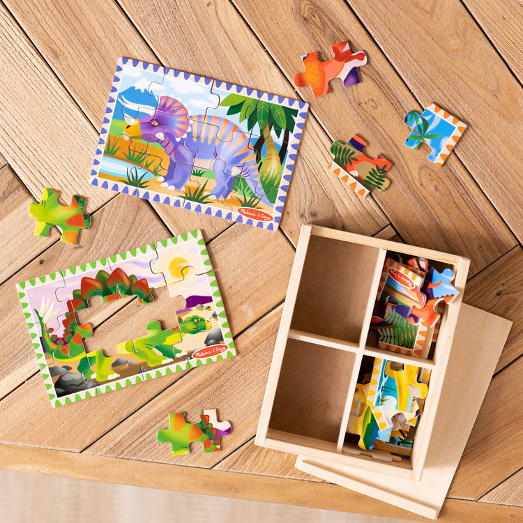 A playroom scene with The Melissa & Doug Dinosaurs 4-in-1 Wooden Jigsaw Puzzles in a Storage Box (48 pcs)