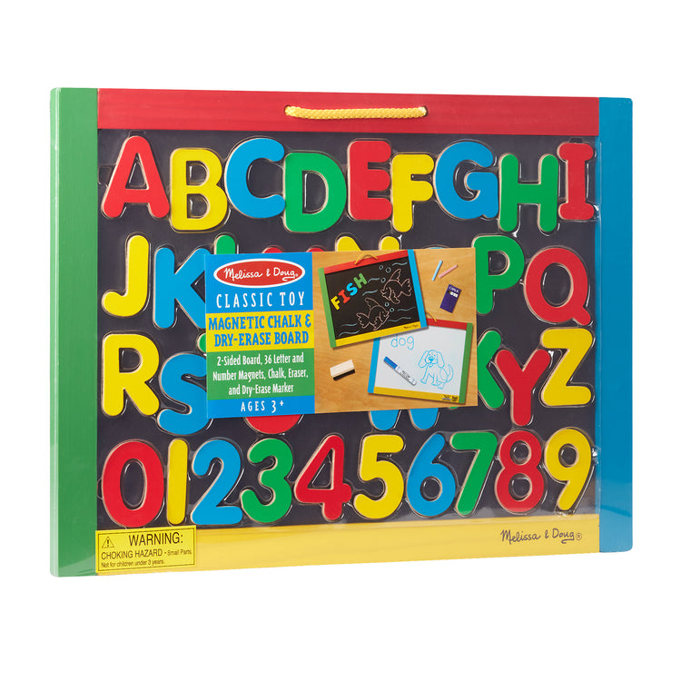 The front of the box for The Melissa & Doug Magnetic Chalkboard and Dry-Erase Board With 36 Magnets (Numbers and Uppercase Letters), Chalk, Eraser, and Dry-Erase Pen