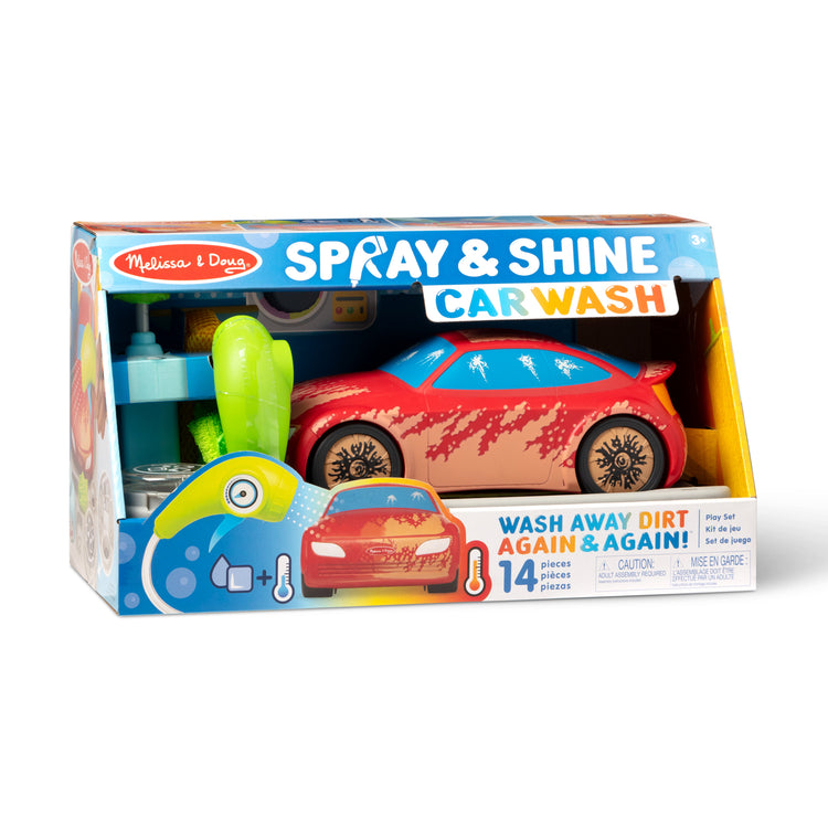 The front of the box for The Melissa & Doug Spray & Shine Car Wash Color-Changing Water Toy Play Set Boys and Girls 3+