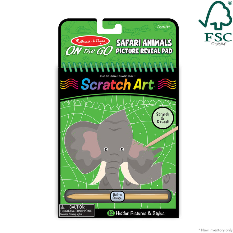 The front of the box for The Melissa & Doug On the Go Scratch Art Activity Books 3-Pack - Safari Animals, Animal Families, Vehicles