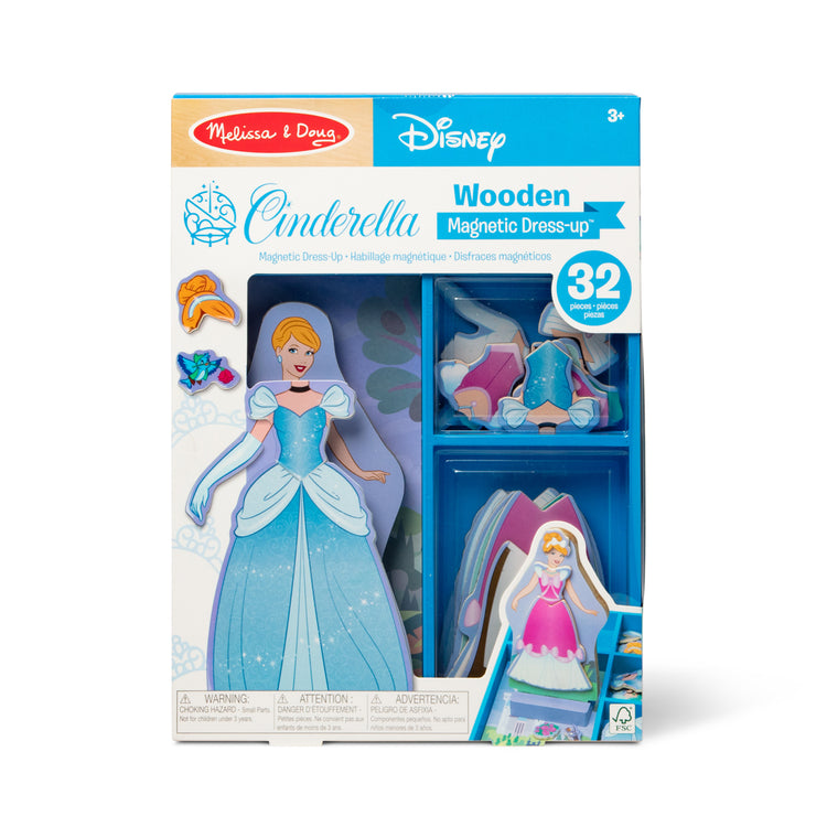 The front of the box for The Melissa & Doug Disney Princess Cinderella Magnetic Dress-Up Wooden Doll Pretend Play Set (30+ pcs)