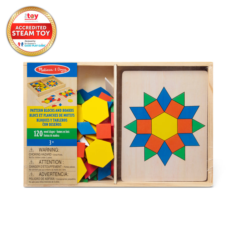 The front of the box for The Melissa & Doug Pattern Blocks and Boards - Classic Toy With 120 Solid Wood Shapes and 5 Double-Sided Panels, Multi-Colored Animals Puzzle