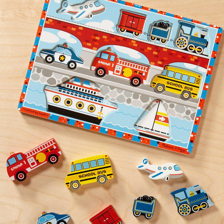  The Melissa & Doug Vehicles Wooden Chunky Puzzle - Plane, Train, Cars, and Boats (9 pcs)