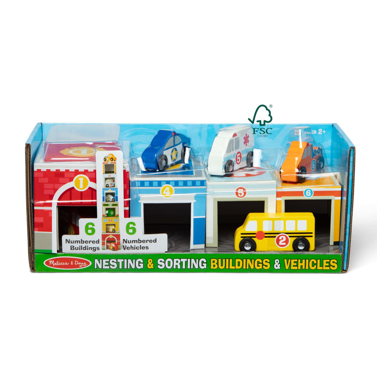 The front of the box for The Melissa & Doug Nesting and Sorting Blocks - 6 Buildings, 6 Wooden Vehicles