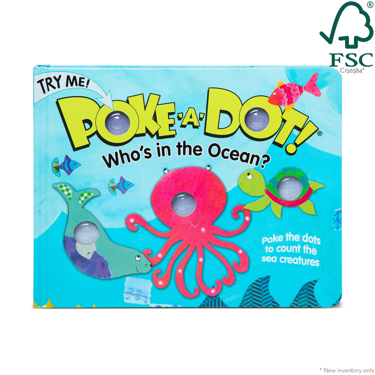 The front of the box for The Melissa & Doug Children's Book - Poke-a-Dot: Who’s in the Ocean (Board Book with Buttons to Pop)